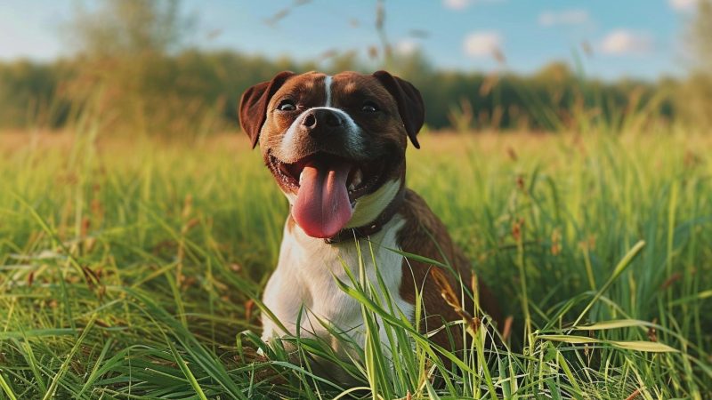 Dog sitting with tongue out in high grass