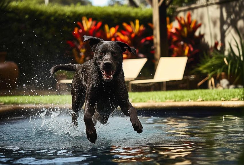 wet black dobberman running in a garden with pool