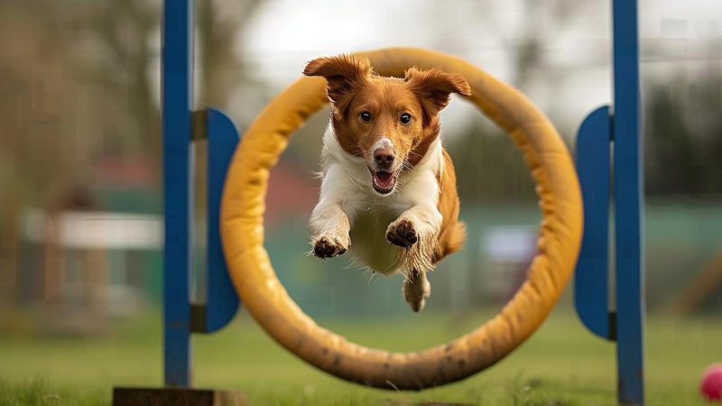 dog jumping trough a training ring