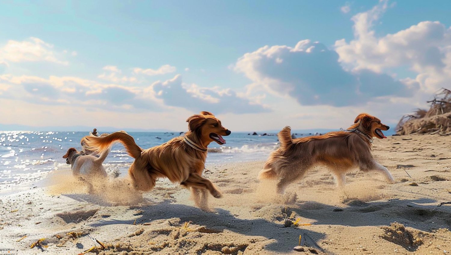 sideview of 5 dogs playing on a beautiful sand beach